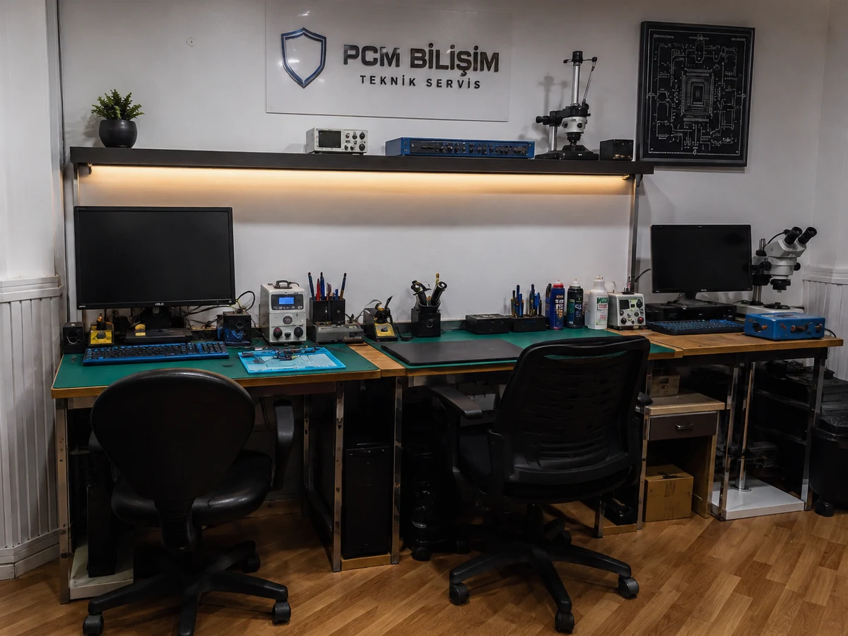 PCM Bilişim teknik servis çalışma alanı